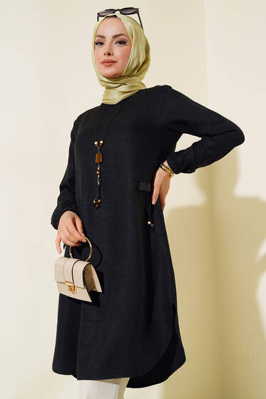 Yanları Taş Detaylı Tunik Siyah - Tunik