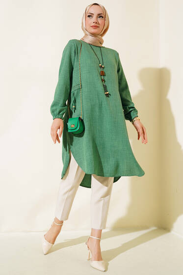 Yanları Taş Detaylı Tunik Yeşil - Tunik