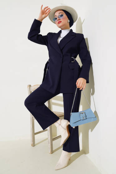 Yanları Tokalı Ceket İkili Takım Lacivert - İkili Takım