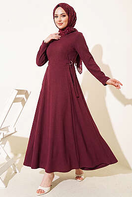 Yanları Tokalı Pensli Elbise Bordo - VAV TEKSTİL