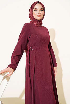 Yanları Tokalı Pensli Elbise Bordo - VAV TEKSTİL