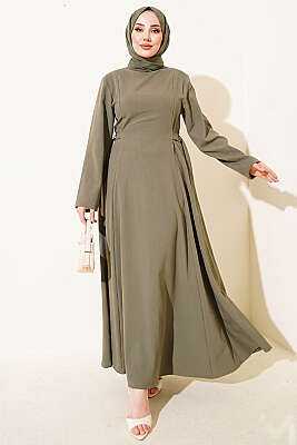 Yanları Tokalı Pensli Elbise Haki - VAV TEKSTİL