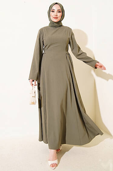 Yanları Tokalı Pensli Elbise Haki - Elbise