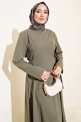 Yanları Tokalı Pensli Elbise Haki - Elbise