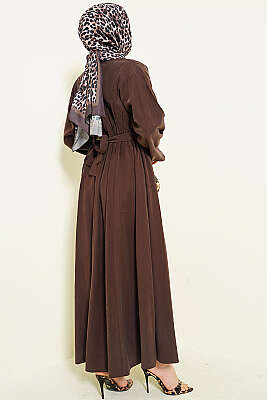 Yanları Tokalı Pensli Tensel Elbise Kahve - Elbise