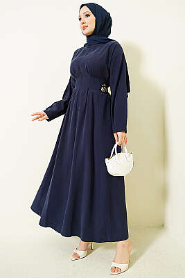 Yanları Tokalı Pensli Tensel Elbise Lacivert - HATUN