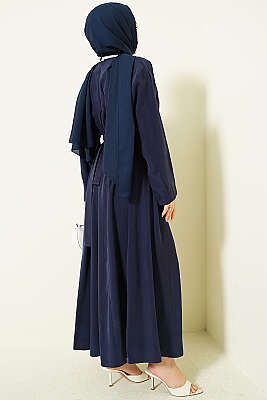 Yanları Tokalı Pensli Tensel Elbise Lacivert - Elbise