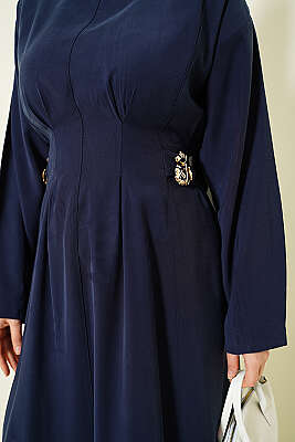 Yanları Tokalı Pensli Tensel Elbise Lacivert - Elbise