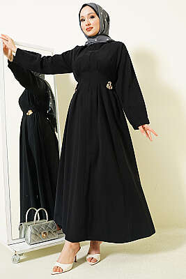 Yanları Tokalı Pensli Tensel Elbise Siyah - HATUN