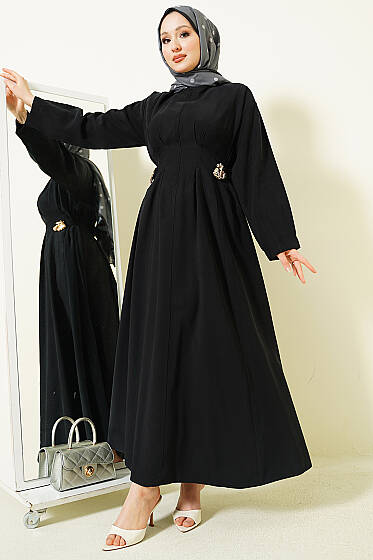 Yanları Tokalı Pensli Tensel Elbise Siyah - Elbise