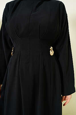 Yanları Tokalı Pensli Tensel Elbise Siyah - Elbise