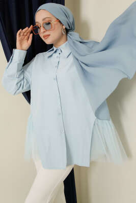 Yanları Tüllü Çift Yaka Gömlek Bebe Mavi - DESTİNA