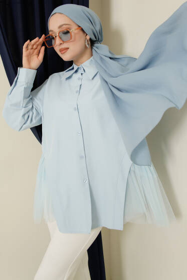 Yanları Tüllü Çift Yaka Gömlek Bebe Mavi - Gömlek