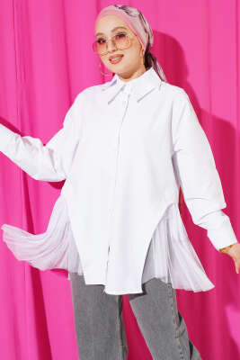 Yanları Tüllü Çift Yaka Gömlek Beyaz 
