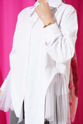 Yanları Tüllü Çift Yaka Gömlek Beyaz - Gömlek