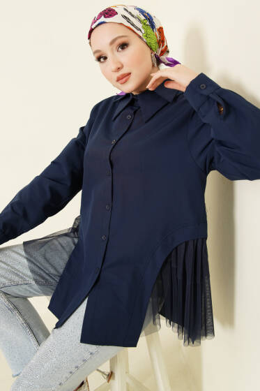 Yanları Tüllü Çift Yaka Gömlek Lacivert - Gömlek