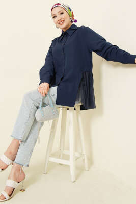 Yanları Tüllü Çift Yaka Gömlek Lacivert - Gömlek