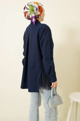 Yanları Tüllü Çift Yaka Gömlek Lacivert - Gömlek