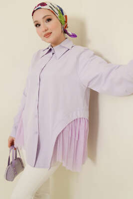 Yanları Tüllü Çift Yaka Gömlek Lila - DESTİNA