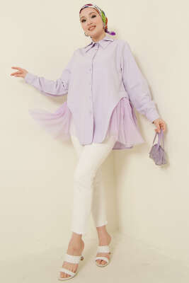 Yanları Tüllü Çift Yaka Gömlek Lila - Gömlek