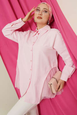 Yanları Tüllü Çift Yaka Gömlek Pembe - DESTİNA