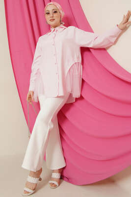 Yanları Tüllü Çift Yaka Gömlek Pembe - Gömlek