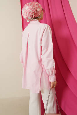 Yanları Tüllü Çift Yaka Gömlek Pembe - Gömlek