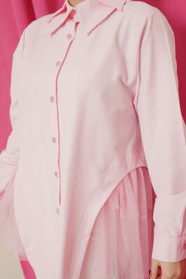 Yanları Tüllü Çift Yaka Gömlek Pembe - Gömlek