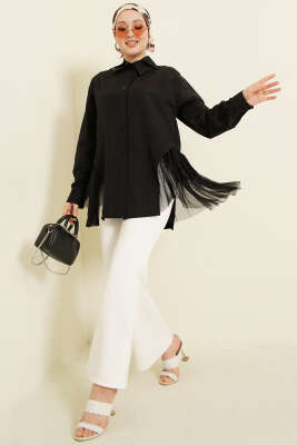 Yanları Tüllü Çift Yaka Gömlek Siyah - DESTİNA