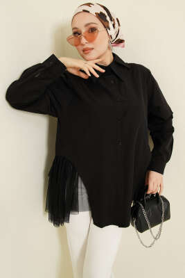 Yanları Tüllü Çift Yaka Gömlek Siyah - Gömlek
