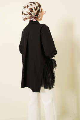 Yanları Tüllü Çift Yaka Gömlek Siyah - Gömlek