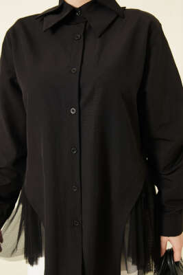 Yanları Tüllü Çift Yaka Gömlek Siyah - Gömlek
