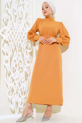 Yanları Yırtmaç Detaylı Elbise Camel - UKBE