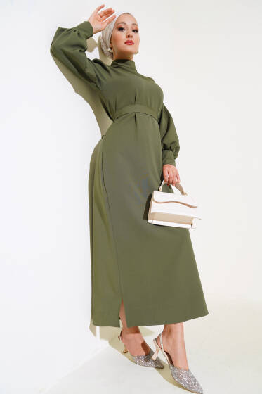 Yanları Yırtmaç Detaylı Elbise Haki - Elbise