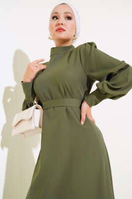 Yanları Yırtmaç Detaylı Elbise Haki - Tesettür Elbise