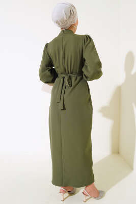 Yanları Yırtmaç Detaylı Elbise Haki - Tesettür Elbise