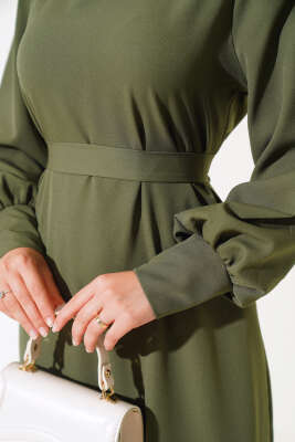 Yanları Yırtmaç Detaylı Elbise Haki - Tesettür Elbise