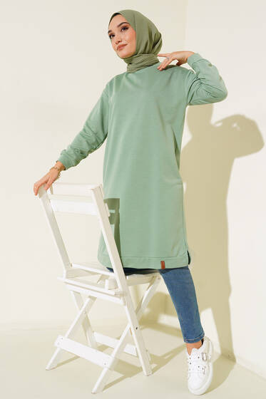 Yanları Yırtmaçlı Basic Uzun Tunik Çağla Yeşili - Tunik