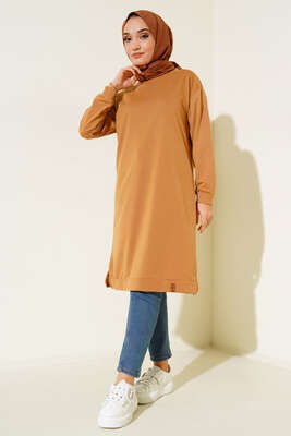 Yanları Yırtmaçlı Basic Uzun Tunik Camel 