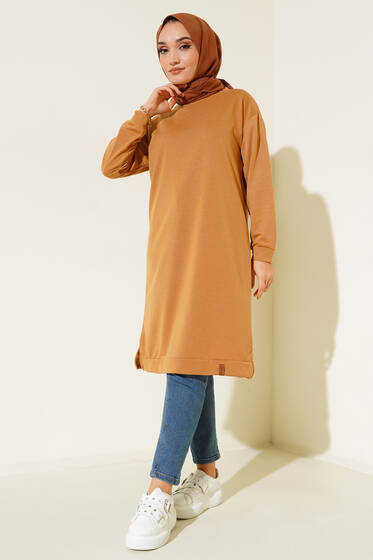 Yanları Yırtmaçlı Basic Uzun Tunik Camel - Tunik