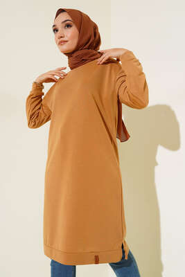 Yanları Yırtmaçlı Basic Uzun Tunik Camel - Tunik