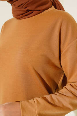 Yanları Yırtmaçlı Basic Uzun Tunik Camel - Tunik