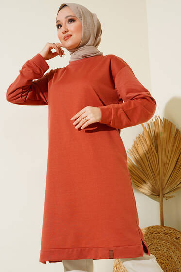 Yanları Yırtmaçlı Basic Uzun Tunik Gül Kurusu - Tunik