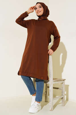 Yanları Yırtmaçlı Basic Uzun Tunik Kahve 