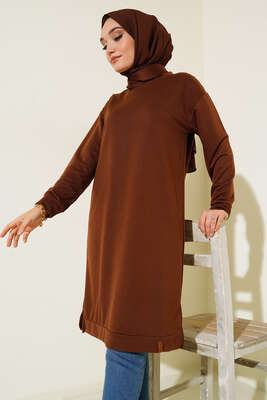 Yanları Yırtmaçlı Basic Uzun Tunik Kahve - Tunik
