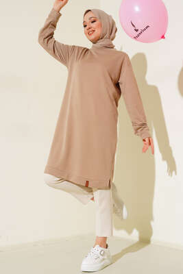 Yanları Yırtmaçlı Basic Uzun Tunik Latte 