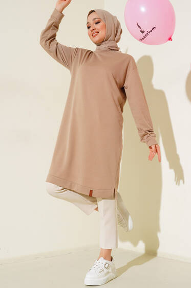 Yanları Yırtmaçlı Basic Uzun Tunik Latte - Tunik