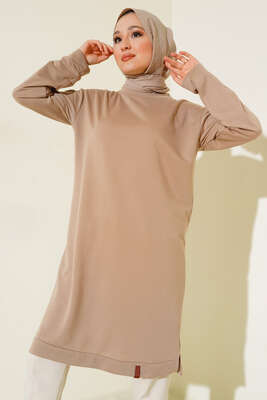 Yanları Yırtmaçlı Basic Uzun Tunik Latte - Tunik