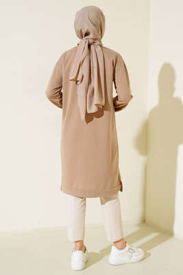 Yanları Yırtmaçlı Basic Uzun Tunik Latte - Tunik