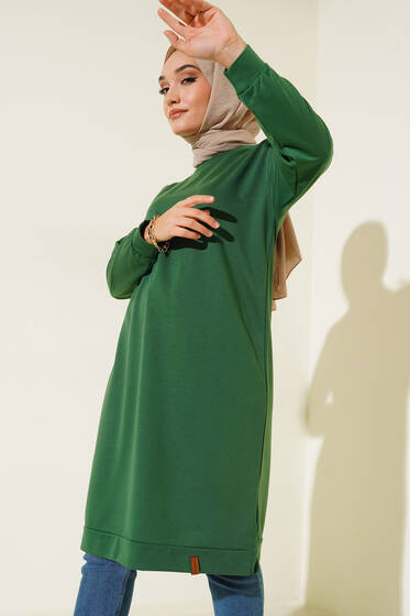 Yanları Yırtmaçlı Basic Uzun Tunik Zümrüt Yeşili - Tunik